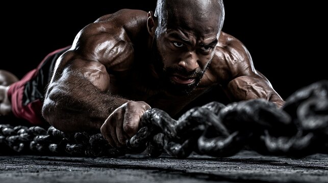 46. A professional sports shot of a man pulling a massive heavy metal chain during a sled drag. Veins bursting in his forearms, low body angle showing maximum power leverage, rough concrete 