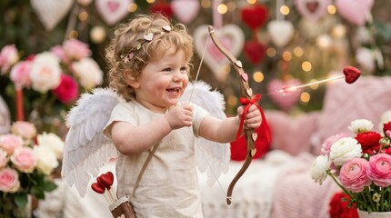 Fototapeta premium Toddler dressed as cupid with bow and arrow in floral garden setting
