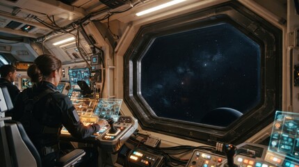 Fototapeta premium Astronauts operating controls in spaceship cockpit viewing outer space