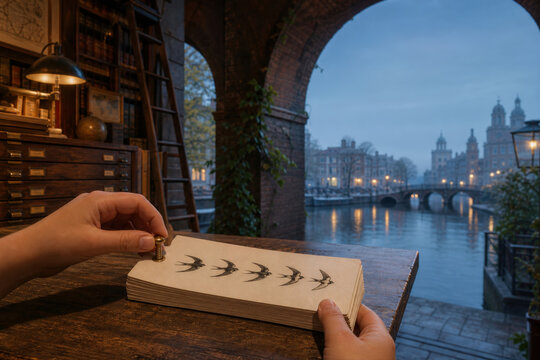 Child Hands Binding Flipbook beside Historic Canal Library with Copy Space