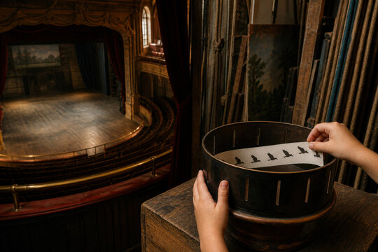 Child Hands Exploring Zoetrope Animation Strip in Historic Theater with Copy Space
