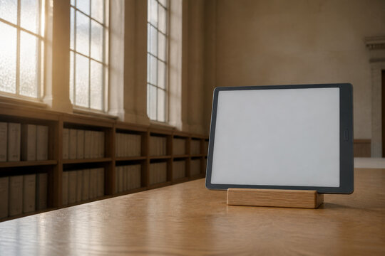 Archive E Paper Reader Screen Mockup in Library with Copy Space