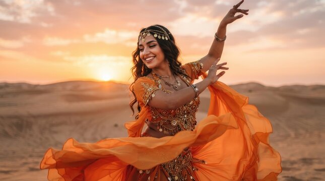 Beautiful belly dancer performing in the desert at sunset