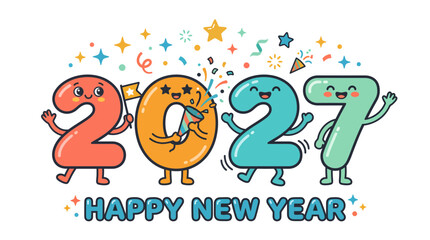 Fototapeta premium Cartoon Happy New Year 2027 greeting card with cute number characters.