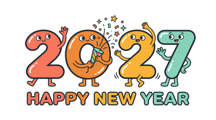 Fototapeta premium Cartoon Happy New Year 2027 greeting design with funny numbers.