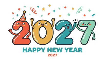 Fototapeta premium Cute cartoon character numbers for Happy New Year 2027 celebration.