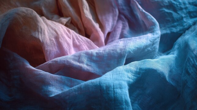 Linen fabric displaying soft folds and vibrant blue and pink pastel lighting creates a smooth texture background.