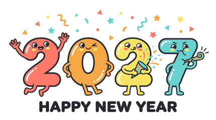 Naklejka premium Cute Cartoon Numbers 2027 Celebrating New Year Mascot Characters.