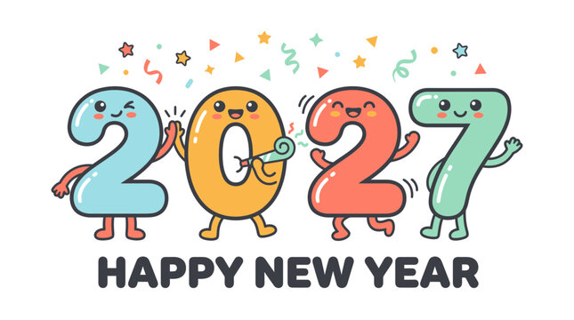 Cute Cartoon Numbers Celebrating 2027 Happy New Year Illustration 2.