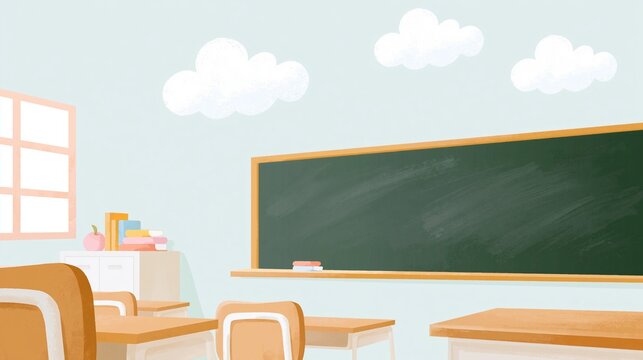 Minimal illustrated classroom interior with an empty chalkboard providing generous copy space for education and back-to-school designs