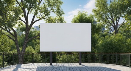 Fototapeta premium A blank outdoor billboard surrounded by green trees and a wooden deck under a blue sky.