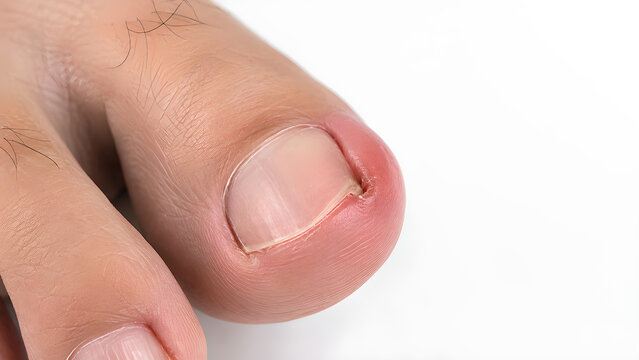 Ingrown toenail on big toe with nail edge penetrating inflamed skin, photorealistic medical 3D render for healthcare education, podiatry training, patient awareness, and clinical content