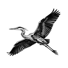 Naklejka premium A Large great blue heron in mid-flight with outstretched wings Hand-drawn vintage engraving illustration