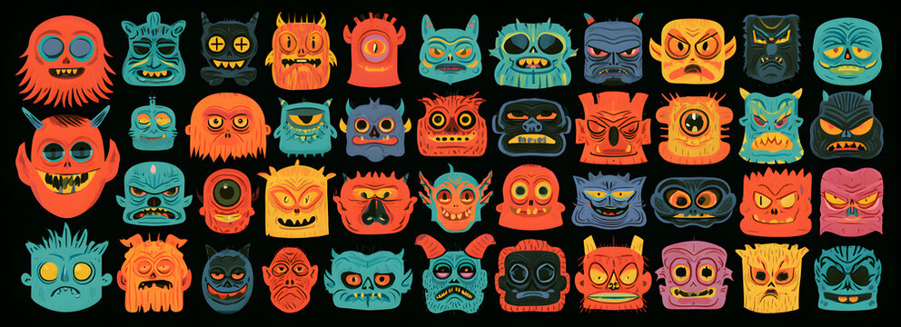 A retro cartoon vector set of funny monster Halloween heads