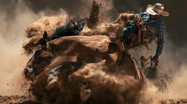Cowboy battles wild horse, a classic rodeo scene.