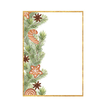Hand-drawn Christmas fir branch gingerbread cookie frame illustration