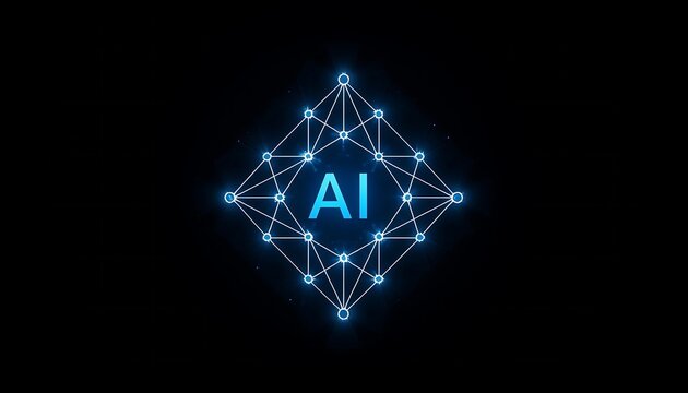 3d rendered glowing blue ai letter cube with wireframe