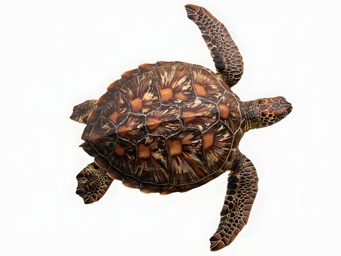 Close-up top view of a detailed tortoise shell with textured scutes and natural patterns on white background