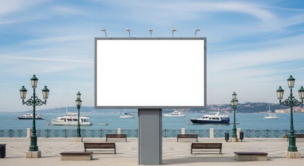 Fototapeta premium A blank outdoor billboard stands on a promenade overlooking a bay with boats under a clear blue sky.