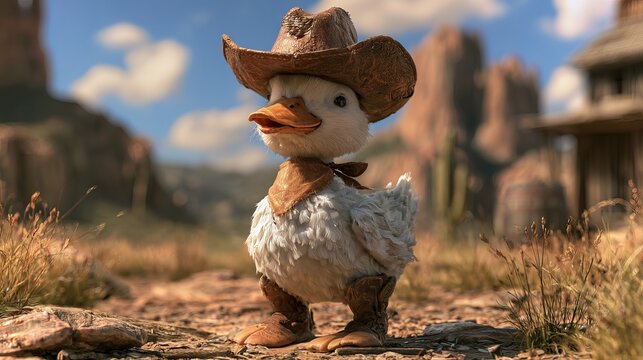 Cute duck wears cowboy hat and boots in a Western picture.