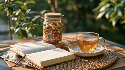Fototapeta premium Nutrition coach's journal and herbal tea rest on fog dampened outdoor table at dawn retreat, symbolic still life of seasonal wellness planning, moisture beading on glass jar of