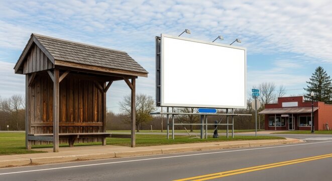 A wooden bus stop shelter and a large blank billboard stand by a quiet roadside in a rural setting under a partly cloudy sky.
