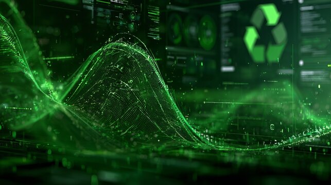 Green energy waves glow on a future screen, showing recycling and eco-labels for green tech ideas.