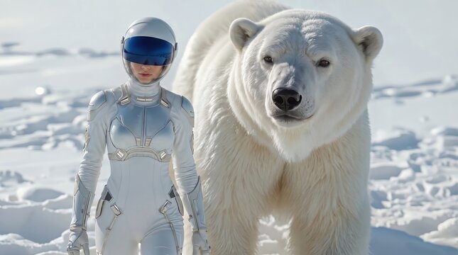 Futuristic Arctic Explorer Standing Beside a Polar Bear