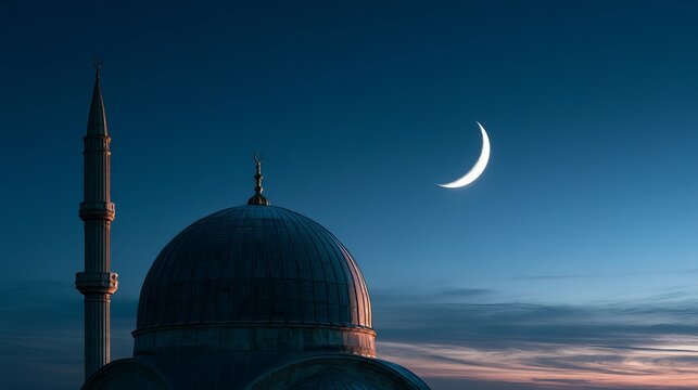 Mosque dome and crescent moon appear on a dark blue twilight sky. This image symbolizes Islam's holidays like Ramadan, Eid al-Adha, and Eid al-Fitr, with space for text.