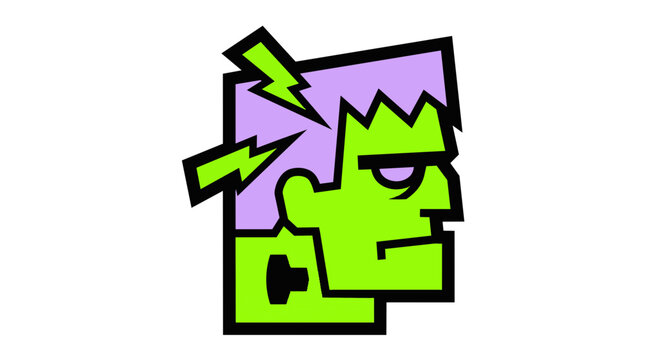 Frankenstein Monster Lightning Green Zombie Neon Creature Horror Spooky Face Electric Halloween Icon Vector Illustration