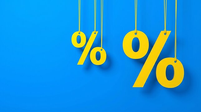 3D Render Yellow Percent Symbols Hanging on Blue Background, Sale and Discount Concept