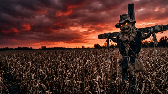 Sinister Patchwork Scarecrow in Dead Cornfield