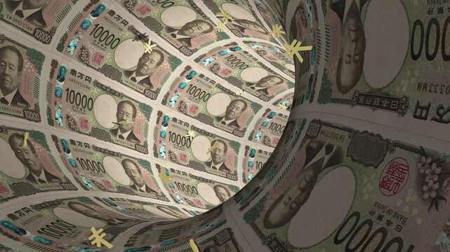Infinite loop of moving through a tunnel made of ten thousand japanese yen banknotes