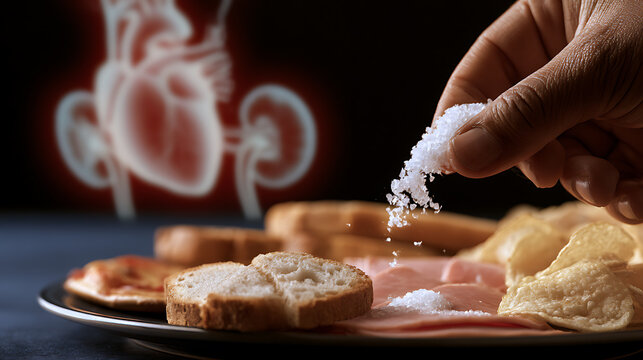 Hand sprinkle salt on savory food, heart and kidneys glow in background, showing health risk from high sodium diet