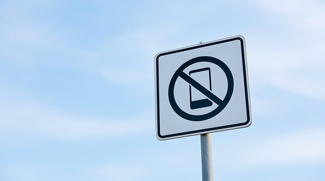 Square white and black no cell phone sign on a metal pole against a light blue sky, indicating restriction