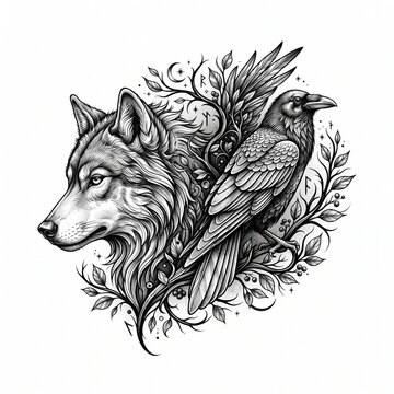 Wolf and raven tattoo design