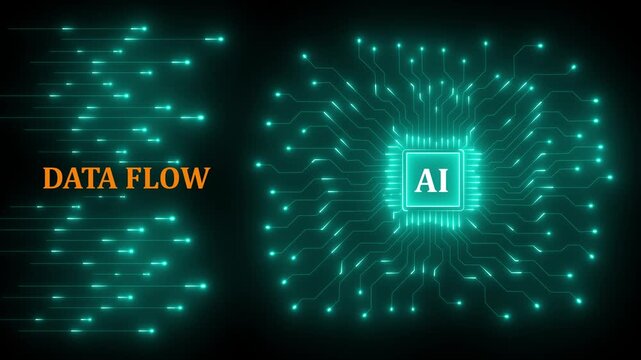 Low poly artificial intelligence processor with data flow interface. Futuristic AI technology background vector for machine learning, digital communication, and network connectivity 4k neon video.