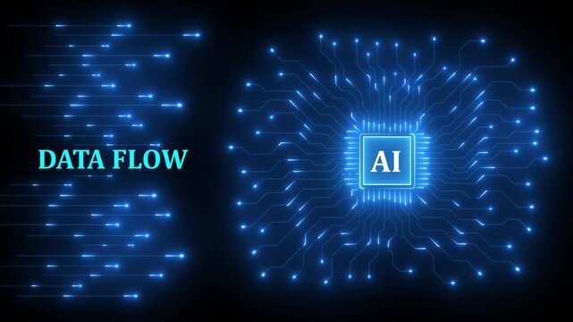 Low poly artificial intelligence processor with data flow interface. Futuristic AI technology background vector for machine learning, digital communication, and network connectivity 4k neon video.