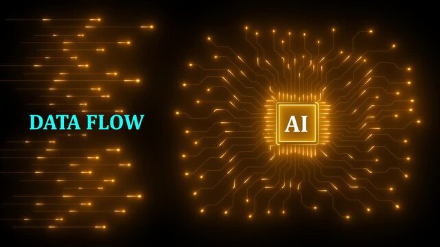 Low poly artificial intelligence processor with data flow interface. Futuristic AI technology background vector for machine learning, digital communication, and network connectivity 4k neon video.