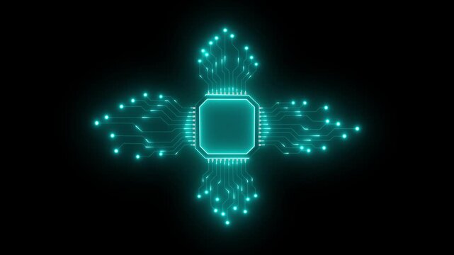 Low poly AI chip glowing on futuristic circuit background. Artificial intelligence processor with digital technology network and blue neon illumination. 4k motion video.