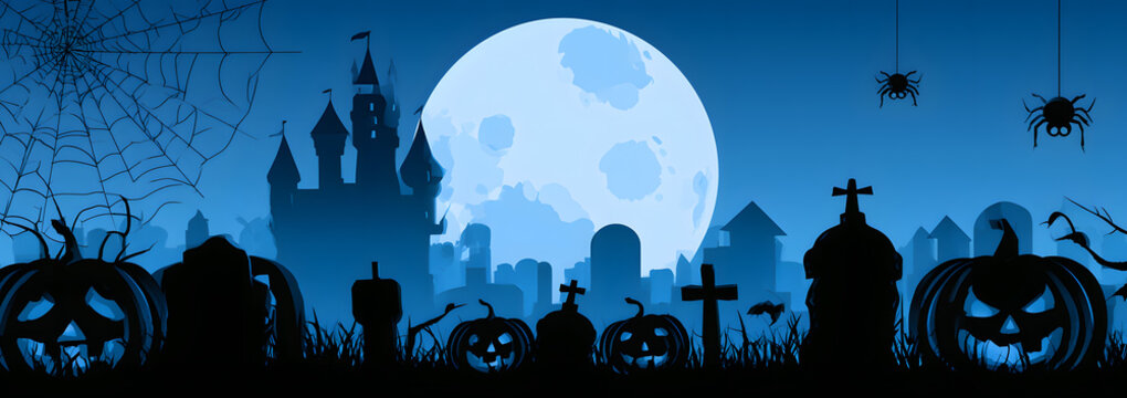 A full moon against black castle outlines, spiders on webs, pumpkins, a graveyard against a blue backdrop, ideal for Halloween banners. Flat vector design