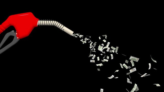 United states dollar bills spraying from a fuel pump nozzle