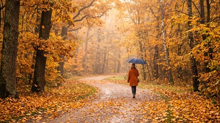 Fototapeta premium Golden Autumn Leaves Falling Park Path Woman Umbrella Walking Morning Mist Cinematic Seasonal Editorial 