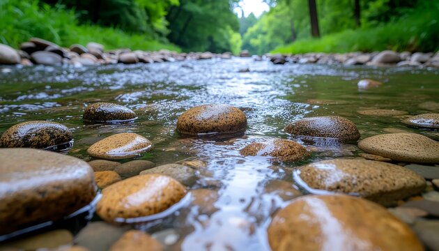 Fast flowing river with smooth rounded stones and lush green foliage.