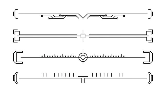 Minimalist tech circuit board vector illustration featuring four distinct linear dividers with futuristic geometric patterns for modern user interface design