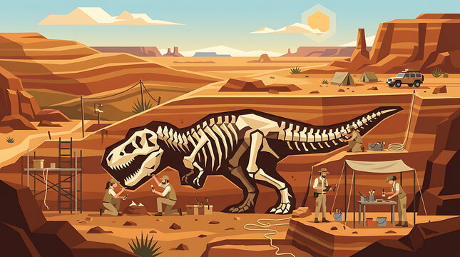 Paleontologists uncovering T-Rex fossil in a desert excavation site