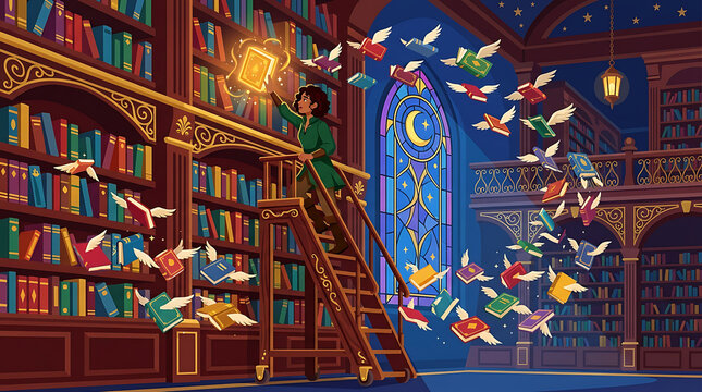 Person reaching for a glowing book amidst flying books in a magical library with a stained glass moon window