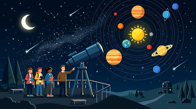 Students learn about the cosmos with a telescope at an outdoor observatory under a starry night sky