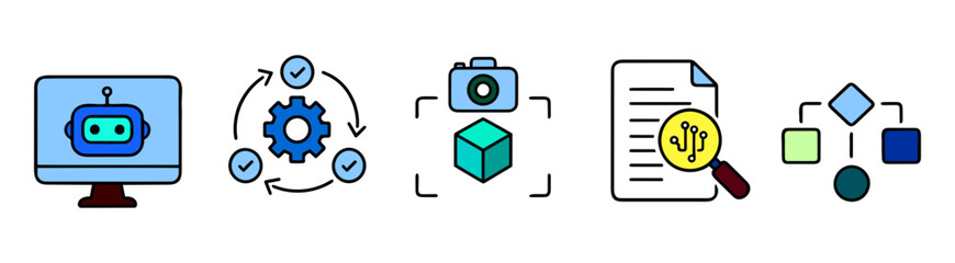 Naklejka premium Set of five flat featuring a computer robot, gear process cycle, 3 d camera cube, document analysis with magnifying glass, and a hierarchical flow chart diagram