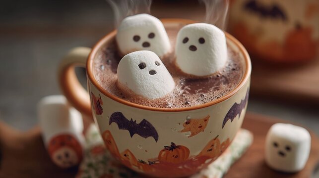 Mug filled with steaming hot chocolate features floating ghost marshmallows decorated with faces for Halloween celebration.
